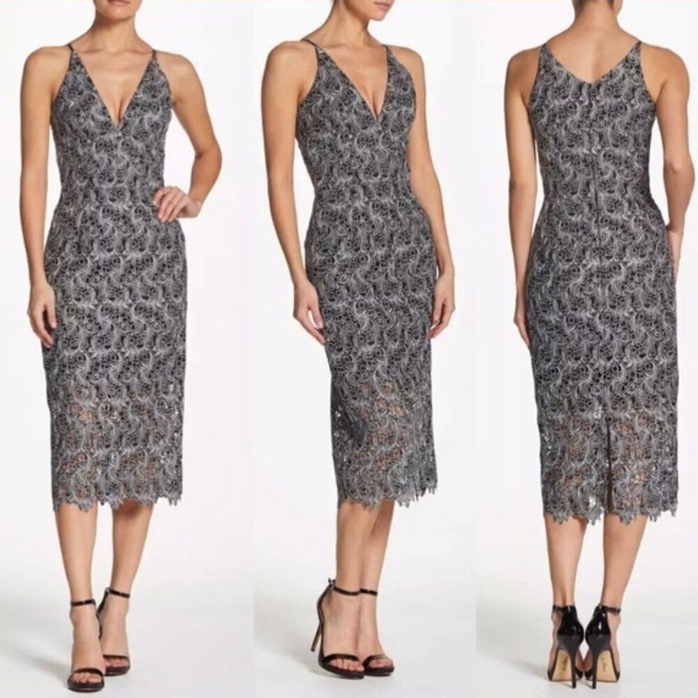 NWT Dress The Population silver Black illusion lace floral Aurora midi dress
